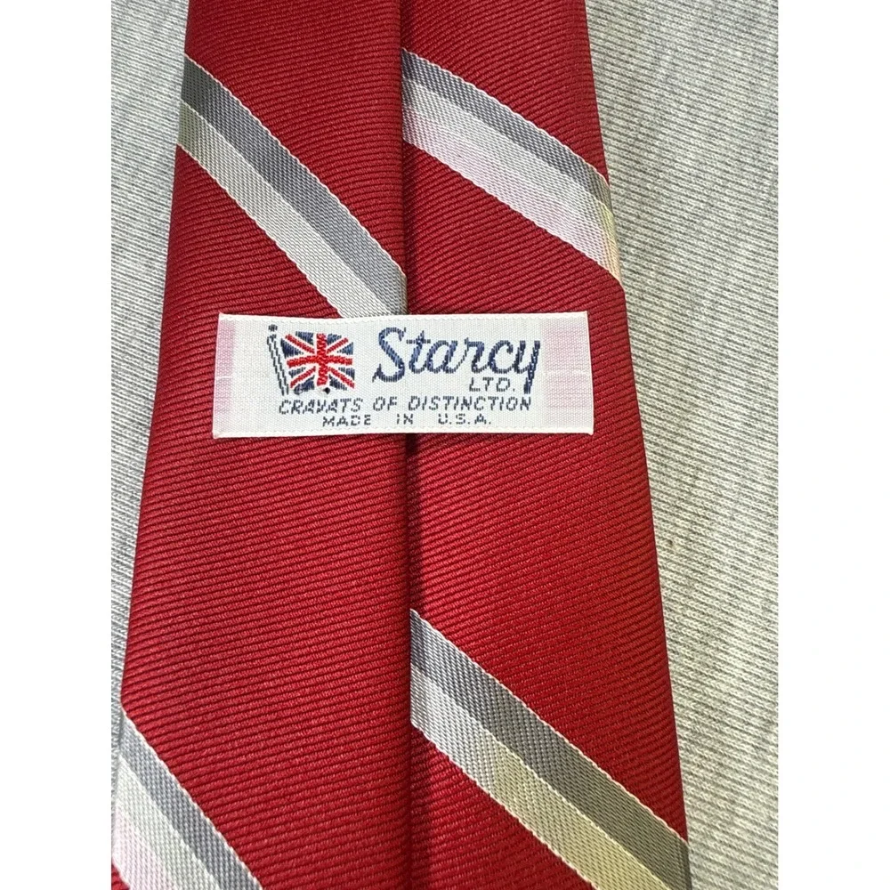 Starcy Ltd Mens Red Striped Necktie Silver‎ Grey Diagonal Stripe Made in USA